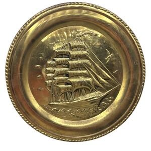 Vtg Embossed Brass Plate‎ Wall Decor Sailing Ship Nautical Decor 17"